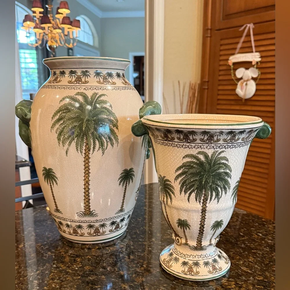 Vintage Palm Beach Chic Ceramic Palm Tree Vase - Large